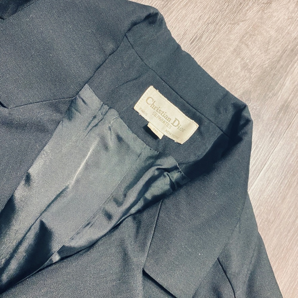 Christian Dior Separates Vintage Black Wool Herringbone Belted Blazer Jacket 10